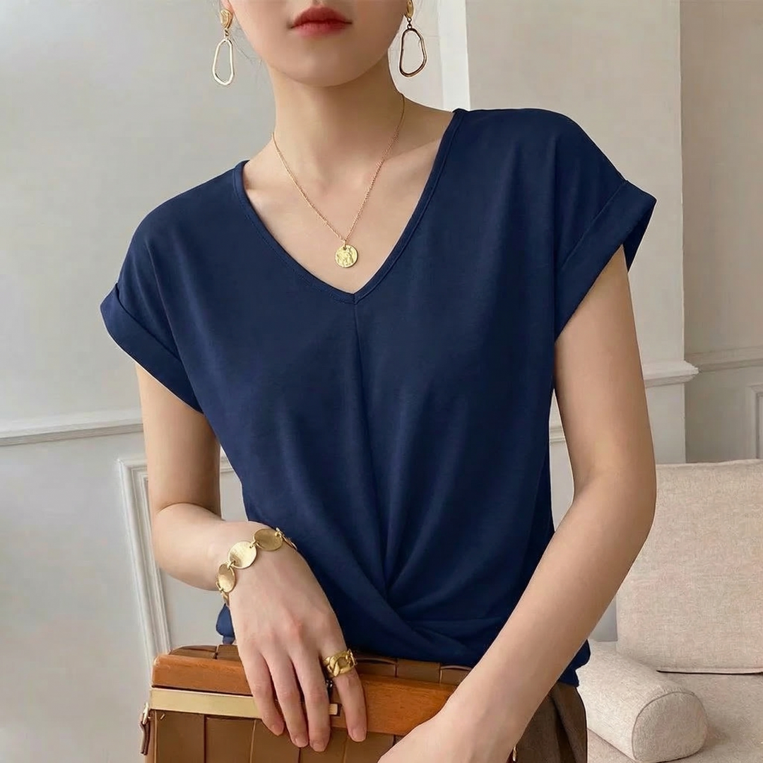 Chic women's twist front V-neck top, versatile short sleeve tee for elegant spring & summer casual fashion.