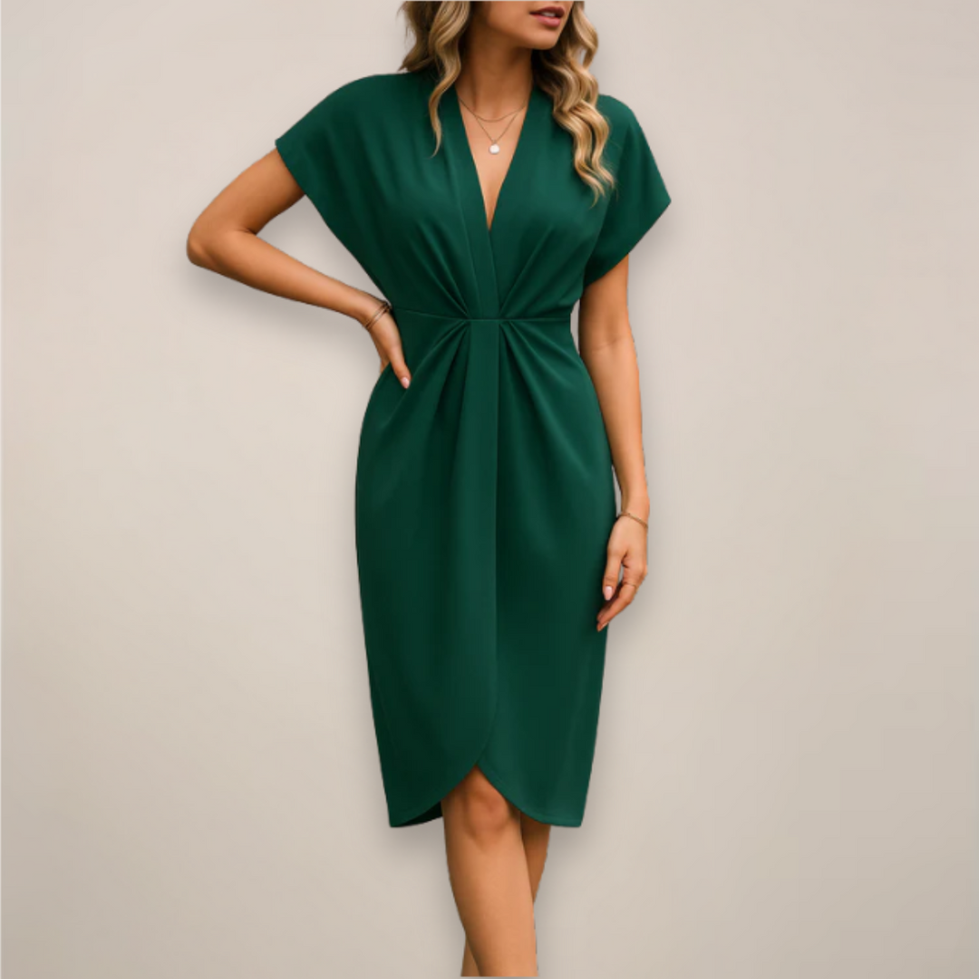 Figure-hugging twist knot V-neck bodycon midi dress for women, a stylish short sleeve design for a flattering fit.