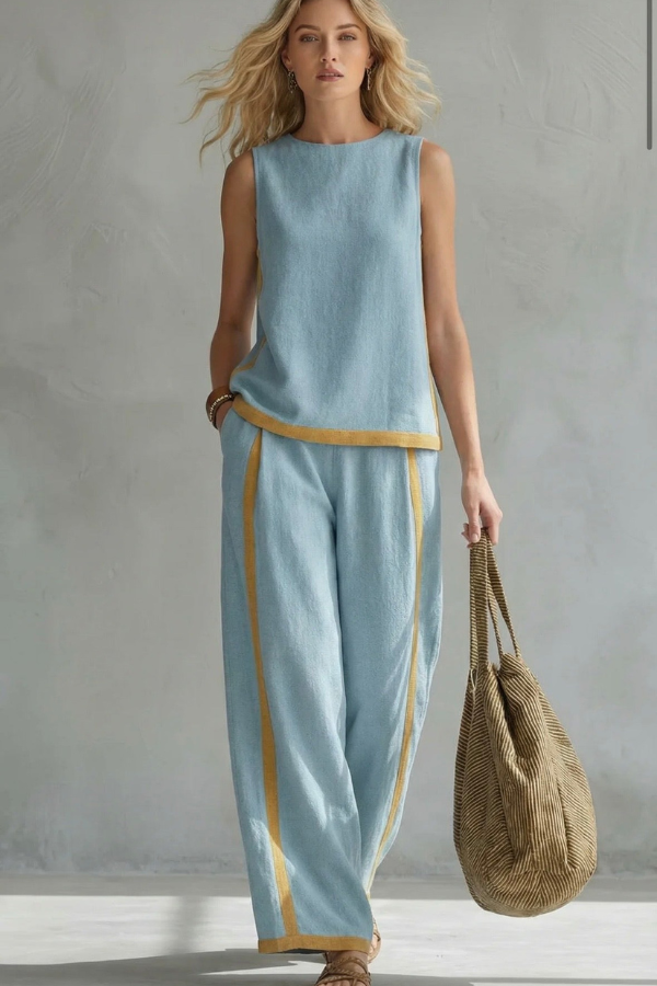 Back view of the women's elegant two-piece co-ord set, showcasing its chic and comfortable summer outfit design.