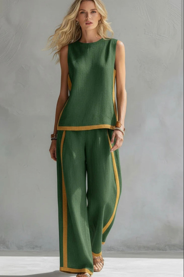 Women's elegant two-piece co-ord set styled for a casual chic look, a versatile matching summer fashion outfit.