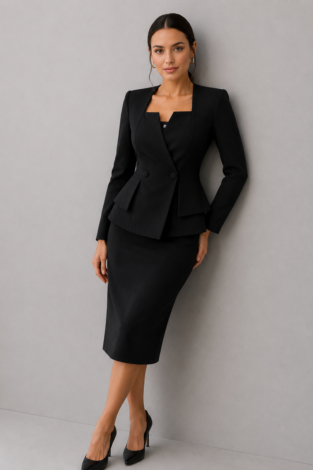Coordinated women's formal jacket & skirt set with square neckline, ideal for professional office attire.