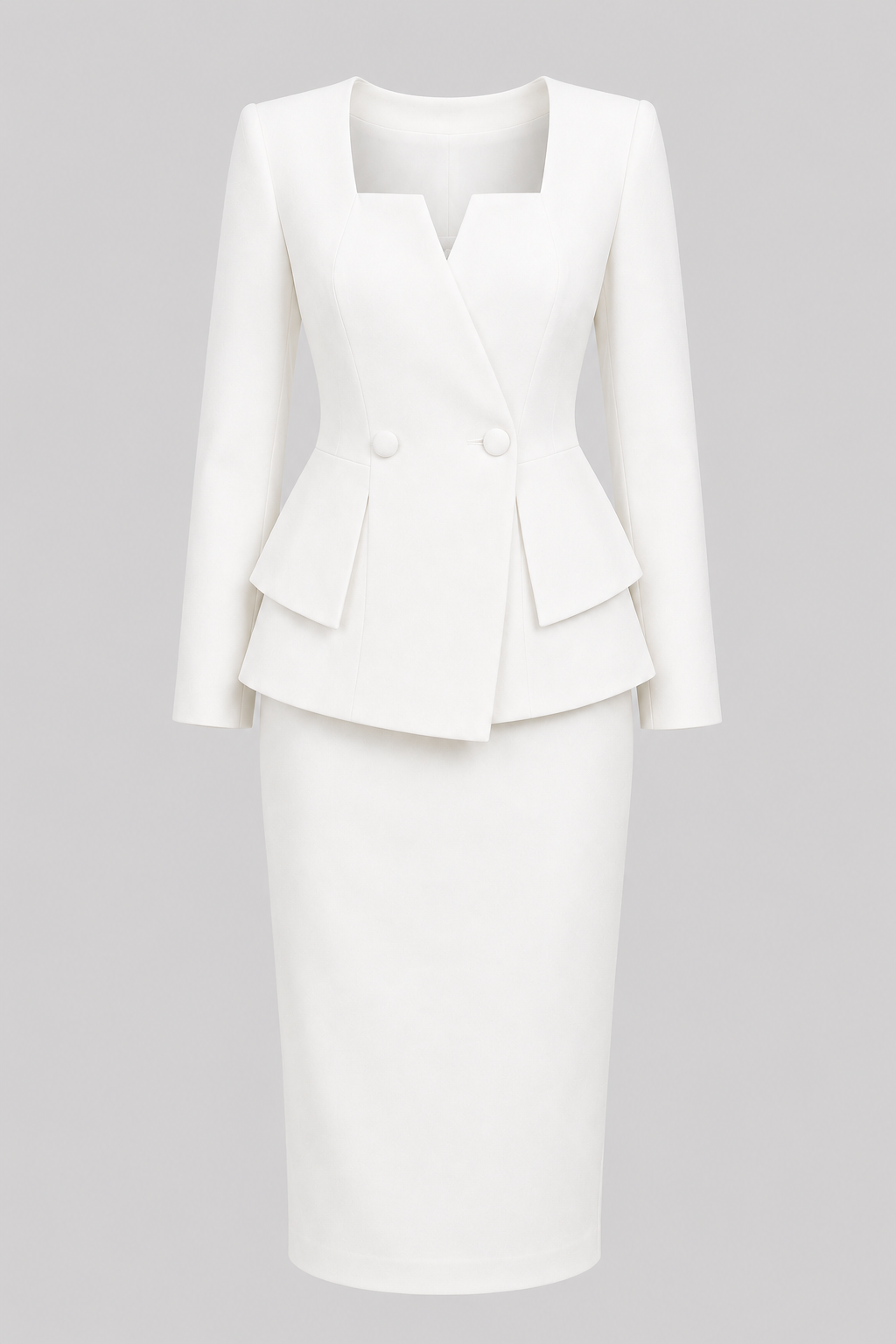 Women's elegant office outfit: a comfortable two-piece jacket and skirt set, suitable for professional wear.