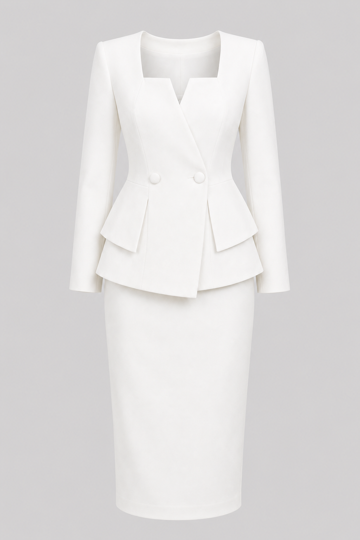 Women's elegant office outfit: a comfortable two-piece jacket and skirt set, suitable for professional wear.