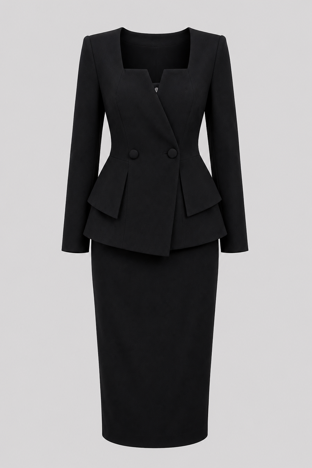 Chic women's two-piece set with a square neck jacket and midi skirt, perfect for formal or business occasions.