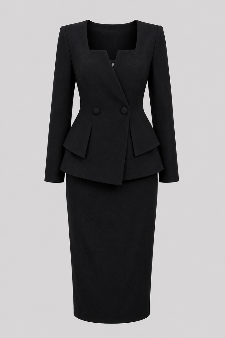 Chic women's two-piece set with a square neck jacket and midi skirt, perfect for formal or business occasions.