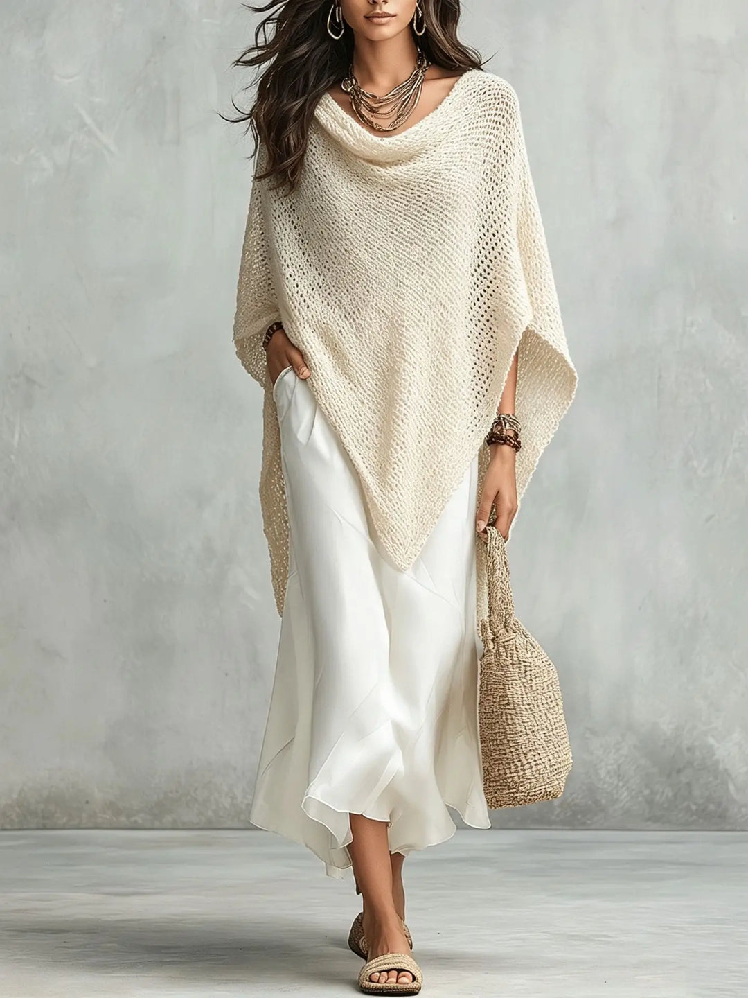 Relaxed fit two-piece ensemble: graceful poncho top & sleek maxi dress. Women's casual to elegant all-season wear.