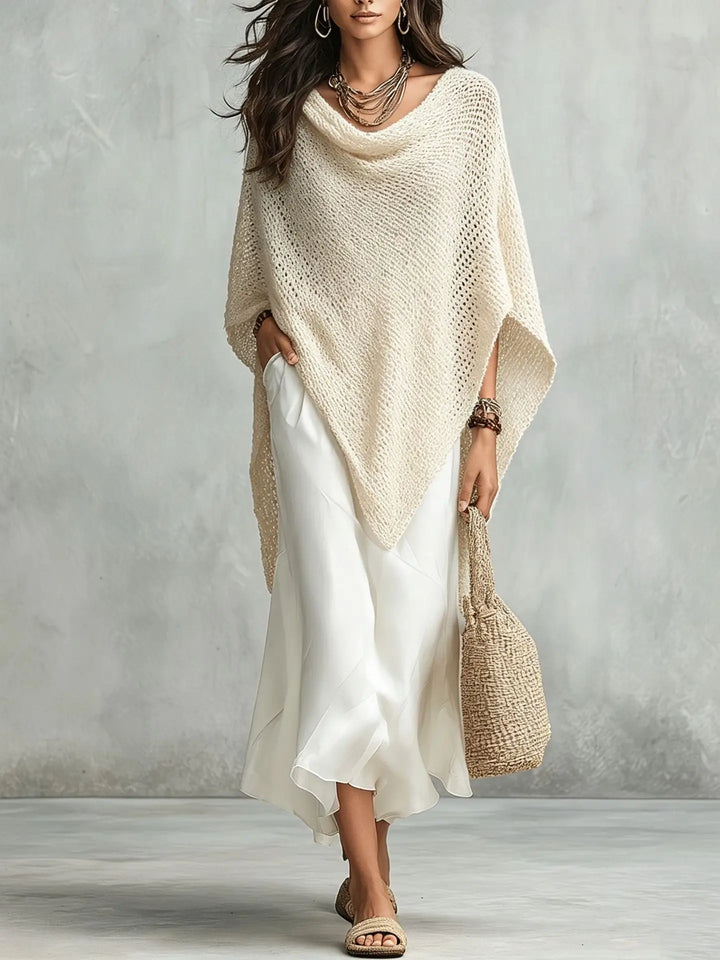 Relaxed fit two-piece ensemble: graceful poncho top & sleek maxi dress. Women's casual to elegant all-season wear.
