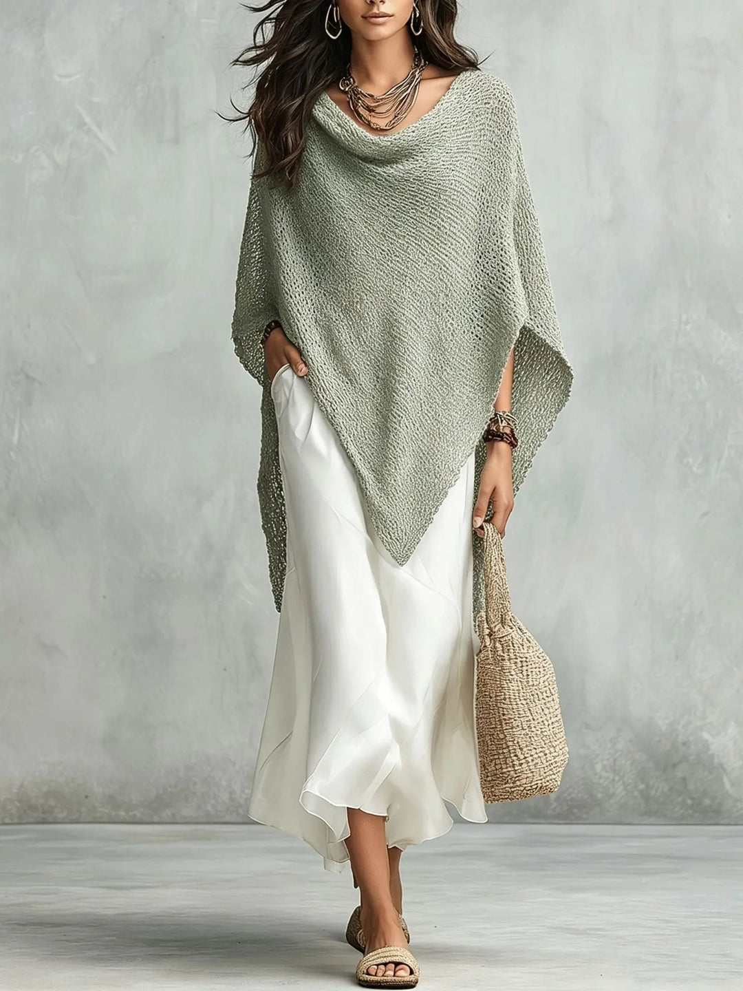 All-season women's two-piece set featuring a stylish batwing poncho and a comfortable maxi dress for day to night.
