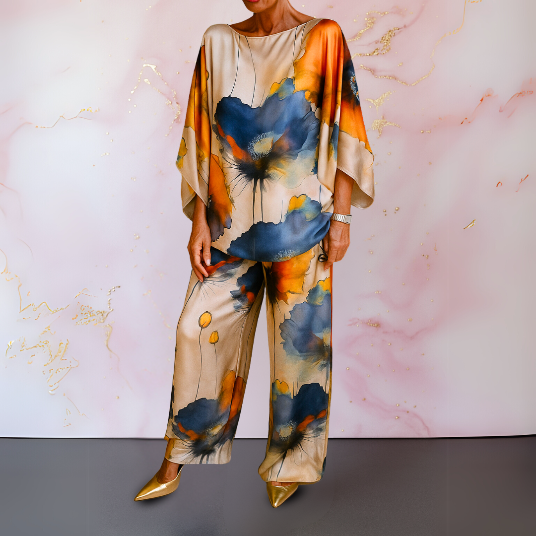 Elegant women's two-piece satin matching set, a versatile outfit for evening wear or sophisticated daytime chic.