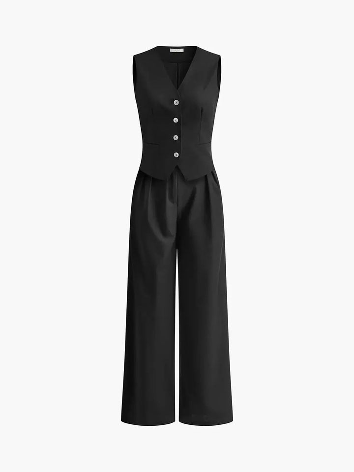 Smart casual women's two-piece outfit: tailored waistcoat and elegant wide-leg trousers. Perfect for work or events.