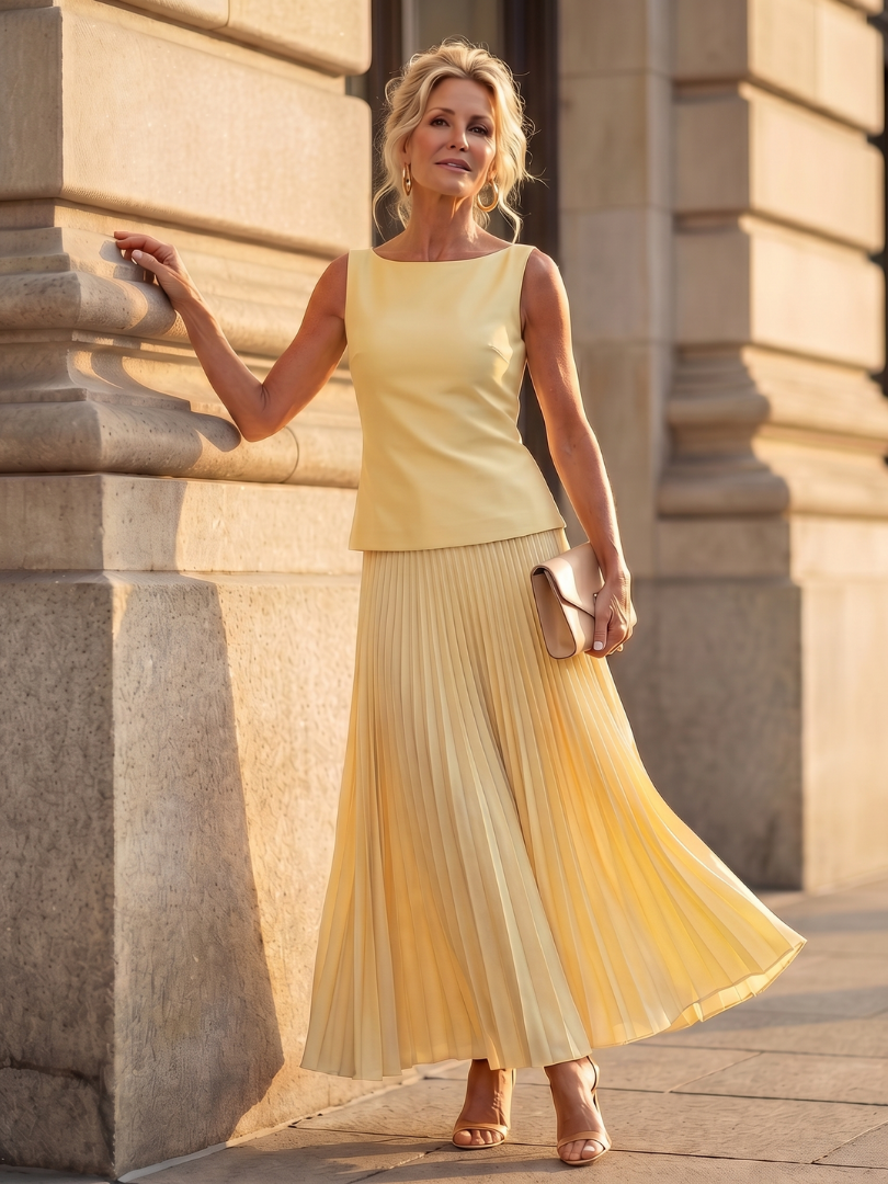 Elegant women's two piece set featuring a structured bodice top & flowing pleated maxi skirt. Perfect for occasions.