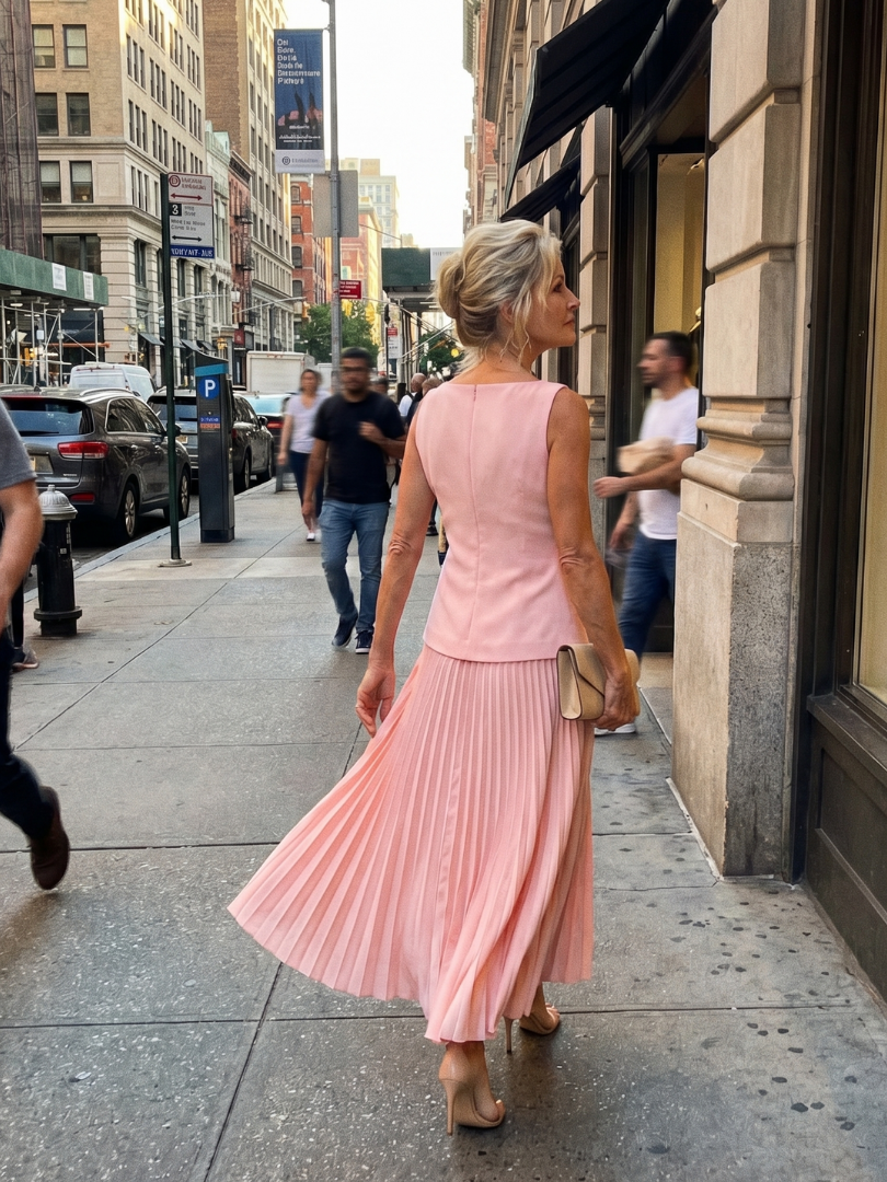 Elegant women's skirt set: a fitted structured bodice top and a flowing pleated maxi skirt in a coordinated look.