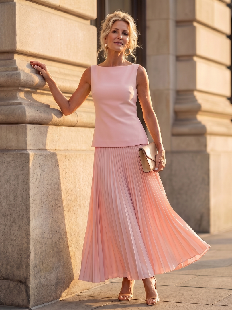 Detail of the structured bodice top from the women's elegant two piece pleated maxi skirt set.