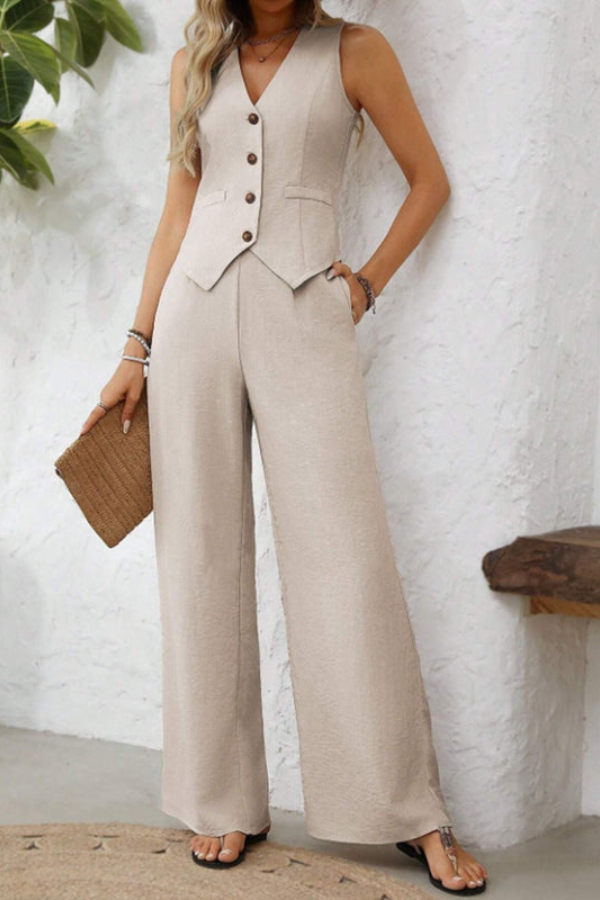 Women's elegant vest and wide-leg pants set, a chic tailored outfit for summer and versatile fashion.
