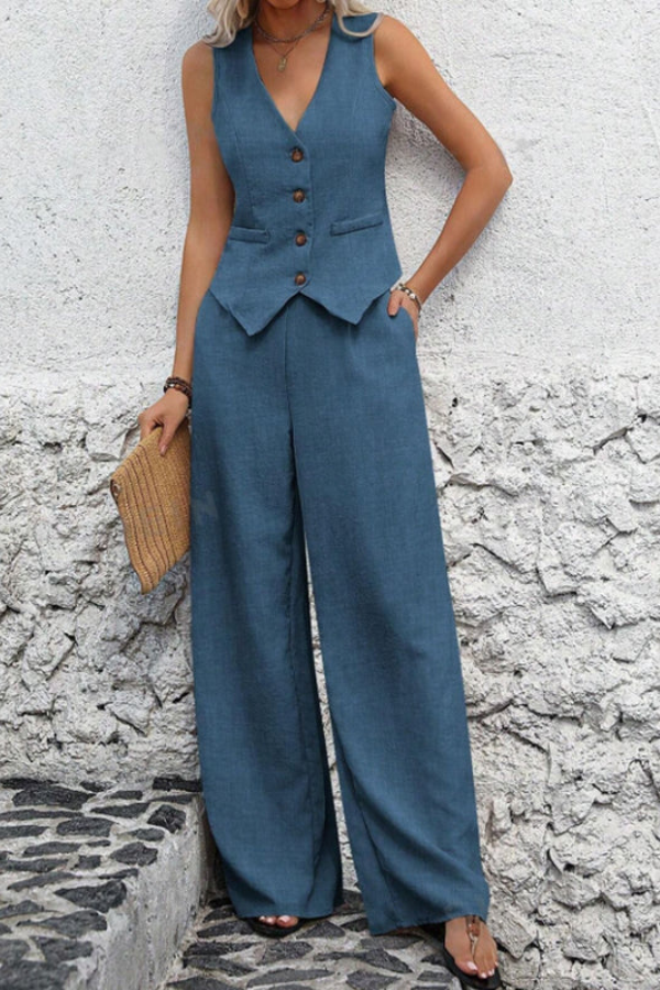 Women's tailored two-piece set featuring an elegant vest & wide-leg trousers, ideal for business or summer.
