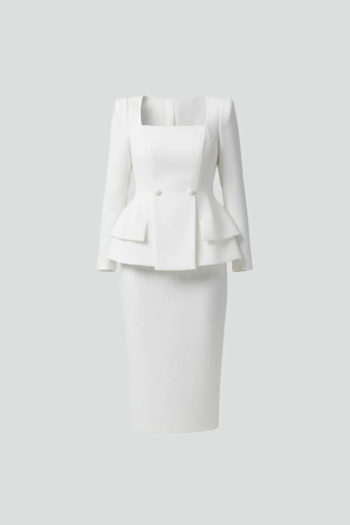 Elegant women's two-piece skirt suit with square neck blazer, ideal for professional office or business attire.