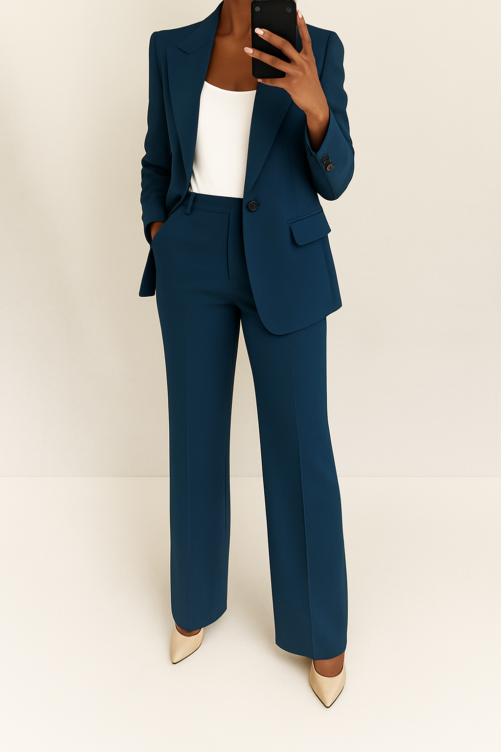 Versatile women's formal two-piece suit: elegant blazer & chic wide-leg trousers, a professional coordinated outfit.