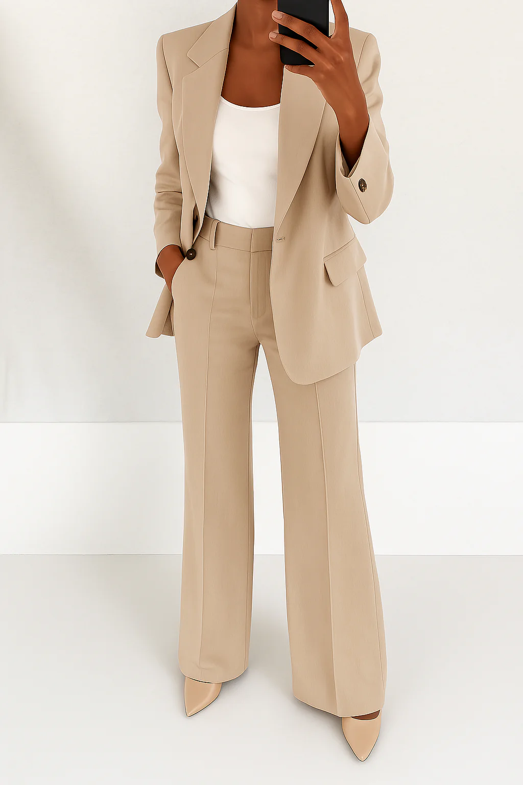 Wide-leg pants from a women's elegant two-piece suit, offering comfort and style for office or formal events.