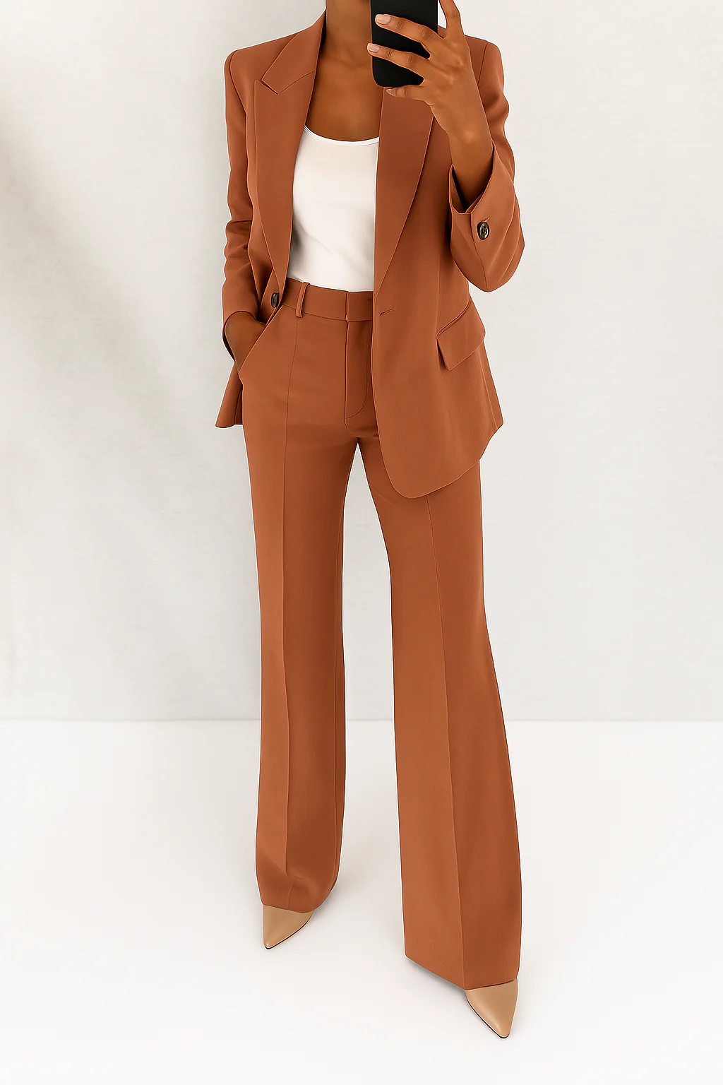 Professional women's power suit: tailored blazer & wide-leg pants set, suitable for business and formal occasions.