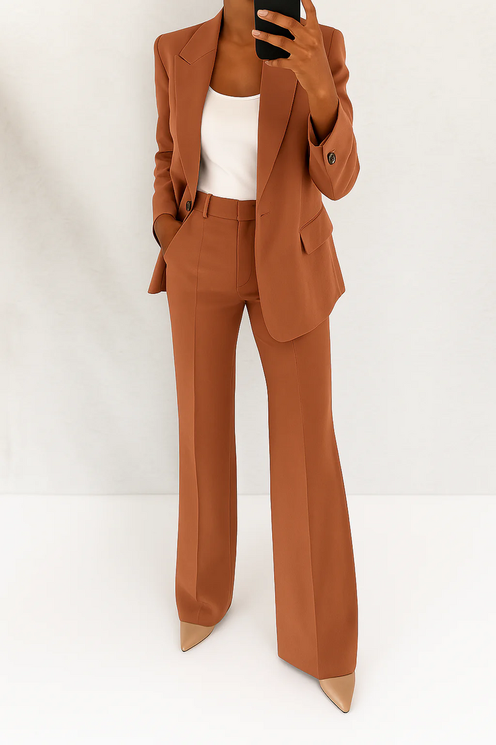 Professional women's power suit: tailored blazer & wide-leg pants set, suitable for business and formal occasions.