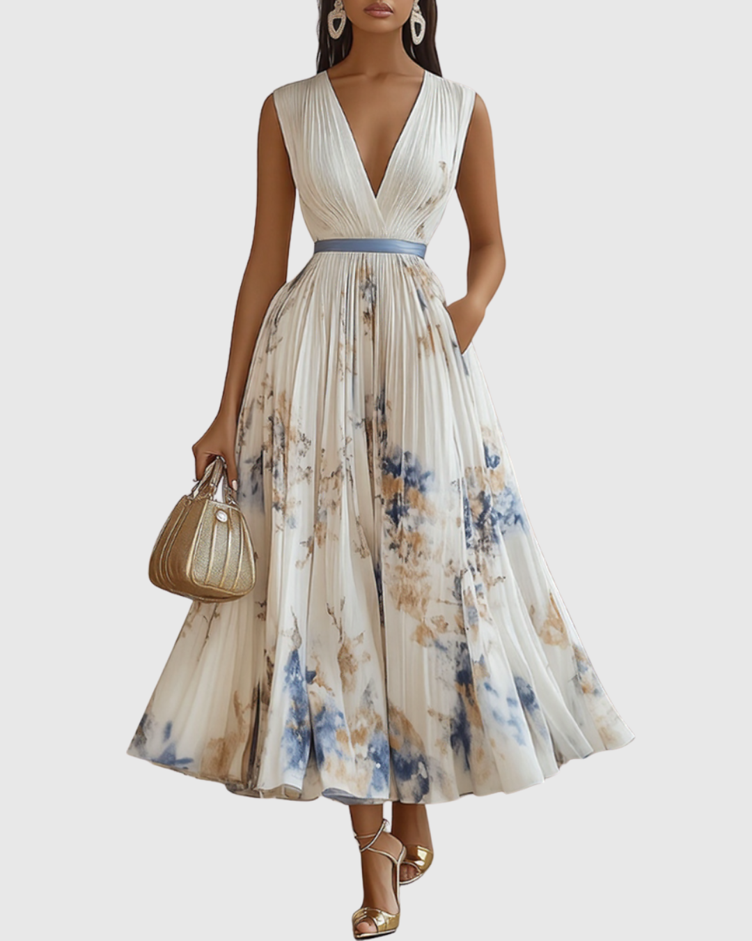 Elegant women's V-neck A-line midi dress, perfect for formal events, parties & summer.