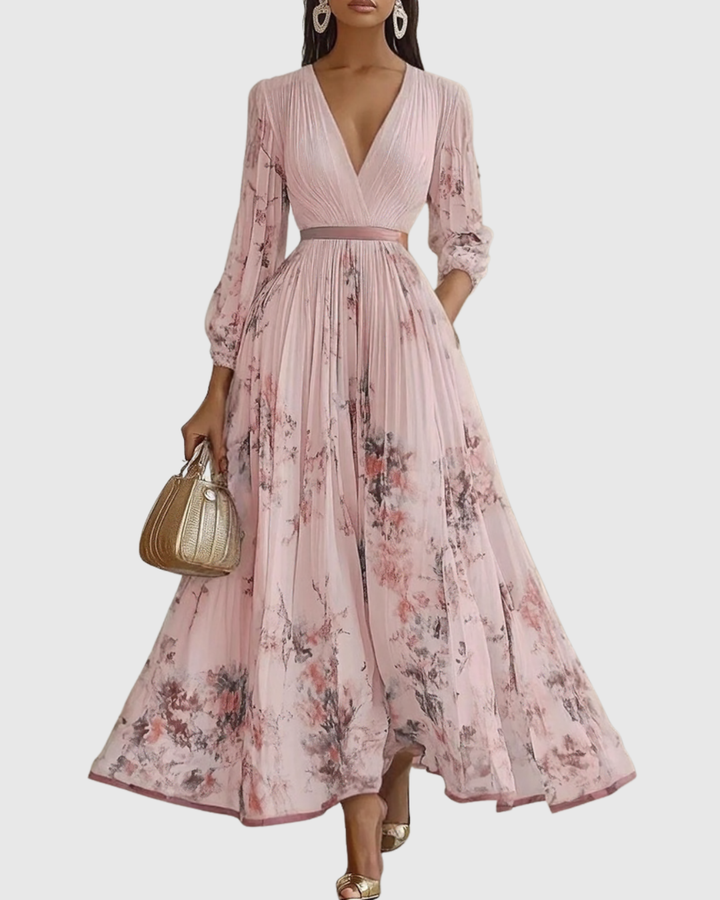 Chic V-neck A-line midi dress for women, an elegant & versatile option for parties, formal, or summer wear.
