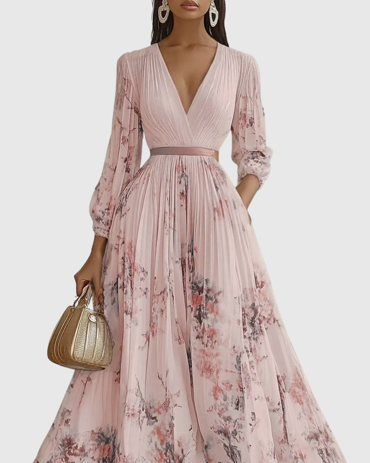 Feminine V-neck A-line midi dress, accentuating women's elegance & comfortable style for any event.
