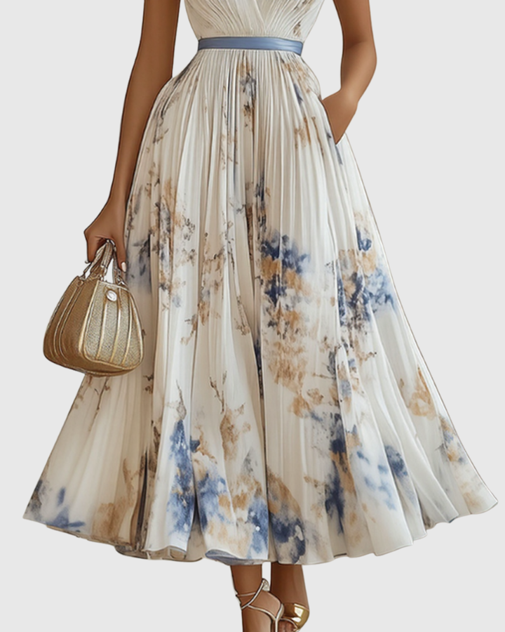 Stylish A-line V-neck midi dress, ideal for cocktail parties, summer events, formal, or elegant party wear.