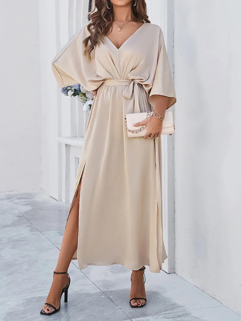 Elegant women's V-neck batwing sleeve maxi dress with a chic bow belt & stylish side slit, perfect for formal events.