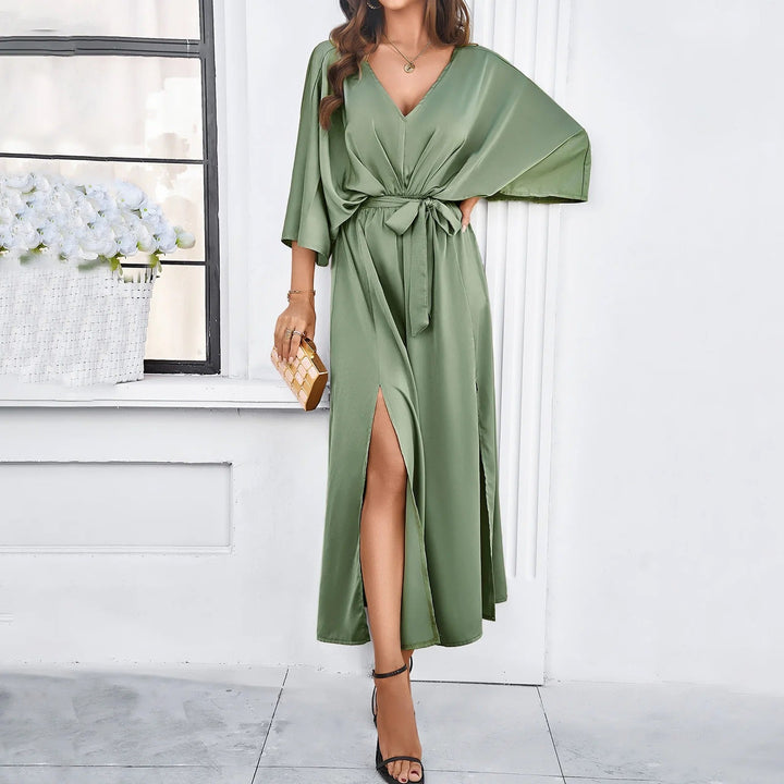 Champagne V-neck batwing maxi dress for women, featuring a bow belt and side slit, ideal for evening parties.