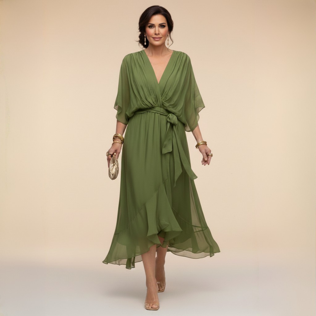 Elegant women's V-neck batwing sleeve midi dress, perfect for parties & special occasions.