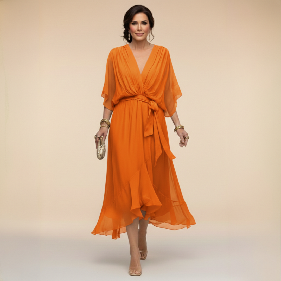 Sophisticated women's V-neck batwing sleeve midi dress, perfect for wedding guests.