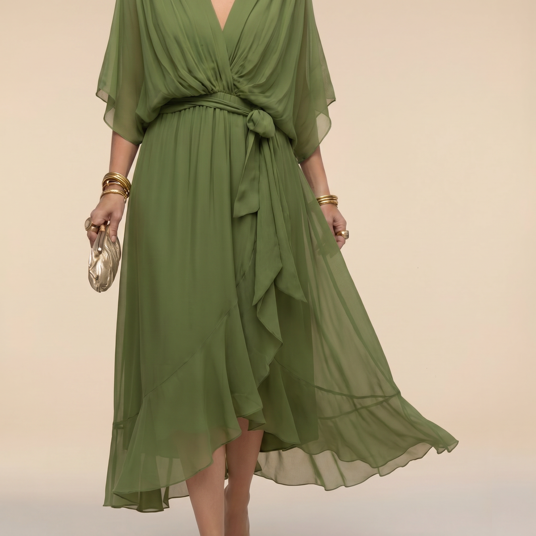 Chic V-neck batwing sleeve midi dress for women, ideal for special occasions and parties.
