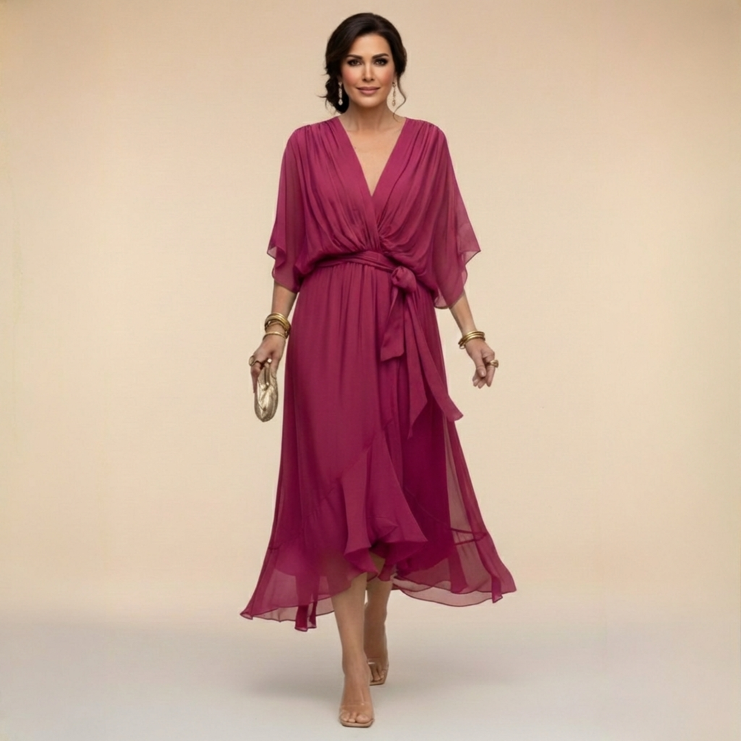 Women's elegant V-neck batwing sleeve midi dress with a comfortable, relaxed fit.