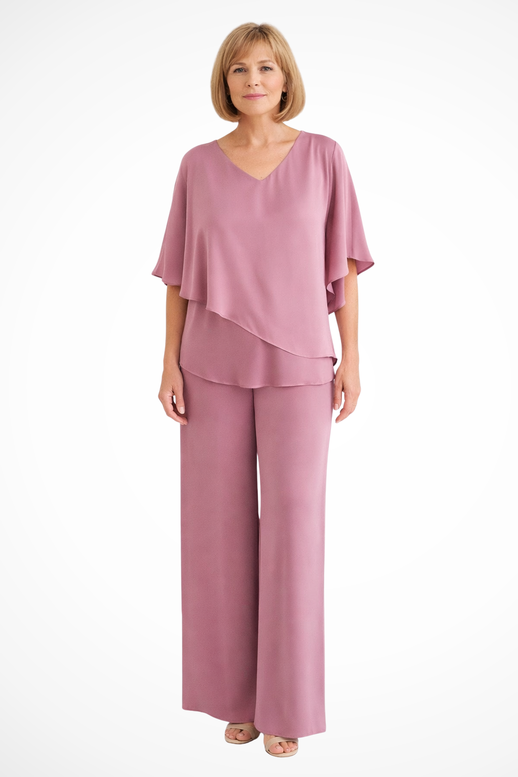 Elegant women's V-neck batwing sleeve two-piece wide leg set. Perfect for chic casual or office wear.