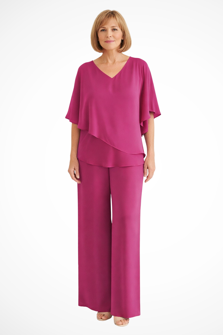 Comfortable and chic women's two-piece set: V-neck batwing top and flowy wide leg pants for daily wear.