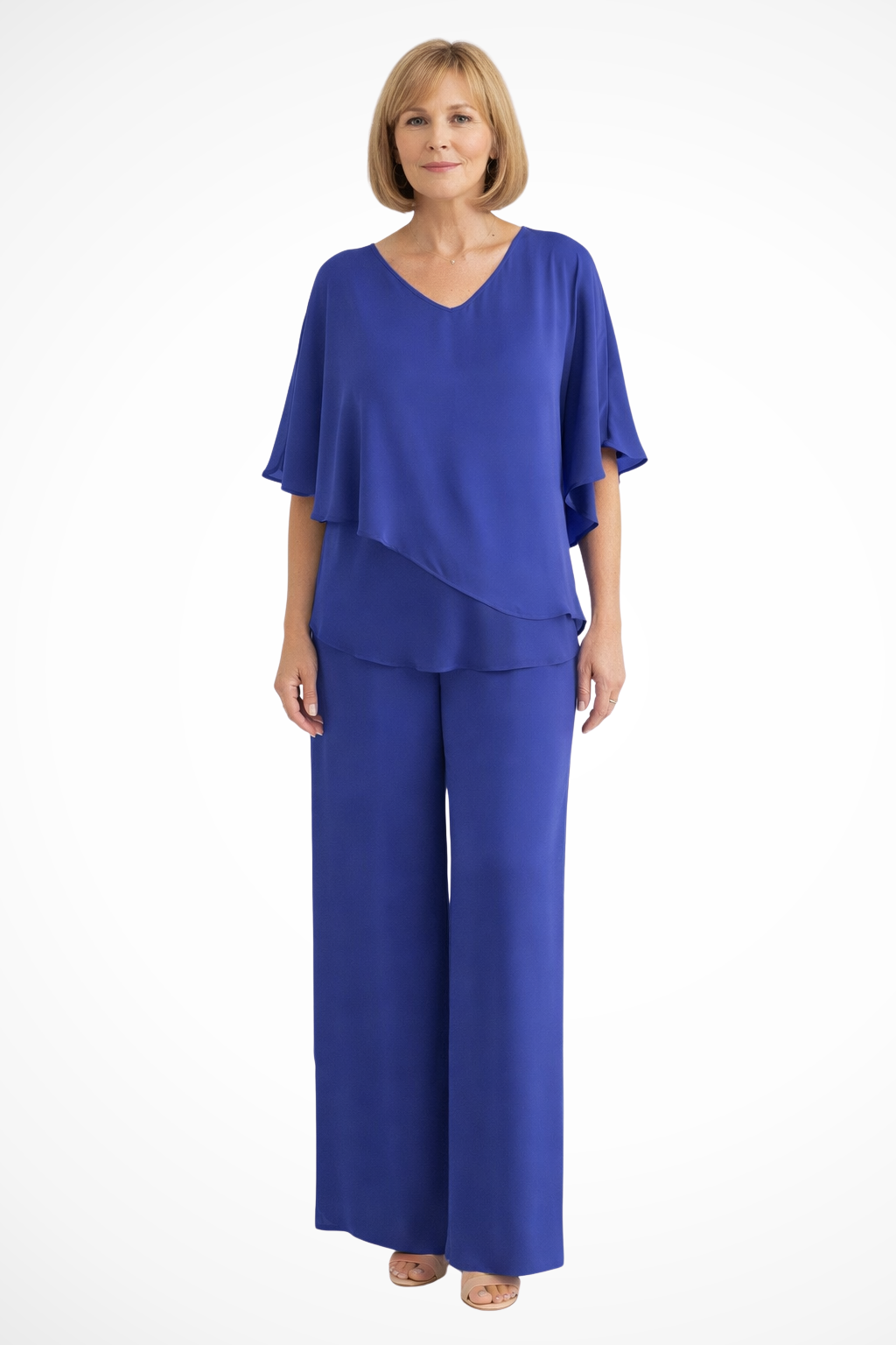 Purple elegant two-piece set for women featuring a V-neck batwing top & wide leg pants. Office or casual.