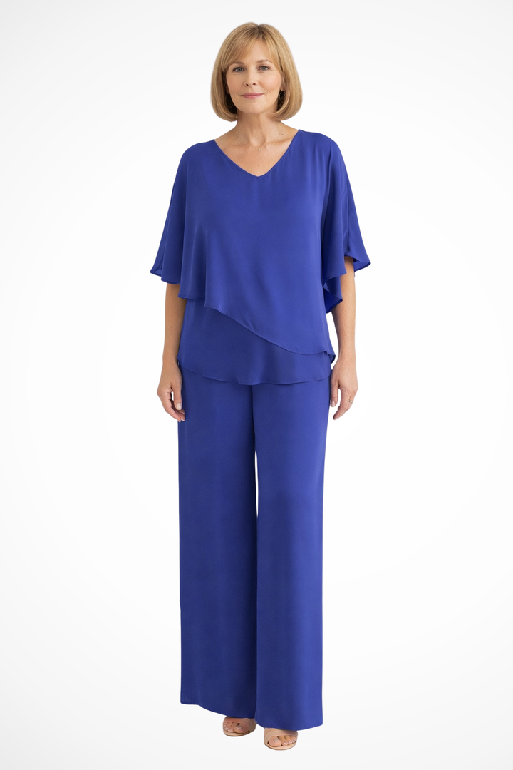 Purple elegant two-piece set for women featuring a V-neck batwing top & wide leg pants. Office or casual.