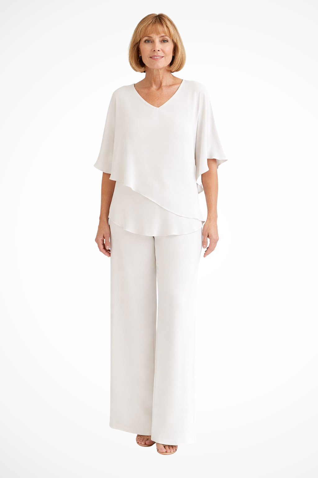 Pink elegant women's two-piece wide leg set. Features a flattering V-neck top & batwing sleeves.