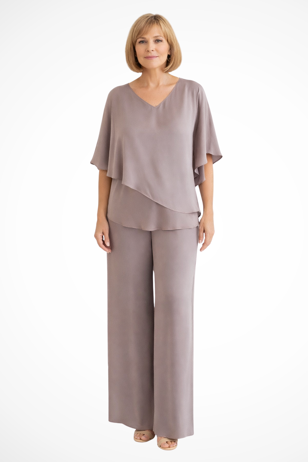 Blue women's elegant two-piece wide leg pants set with V-neck & batwing sleeves. Stylish & comfortable.