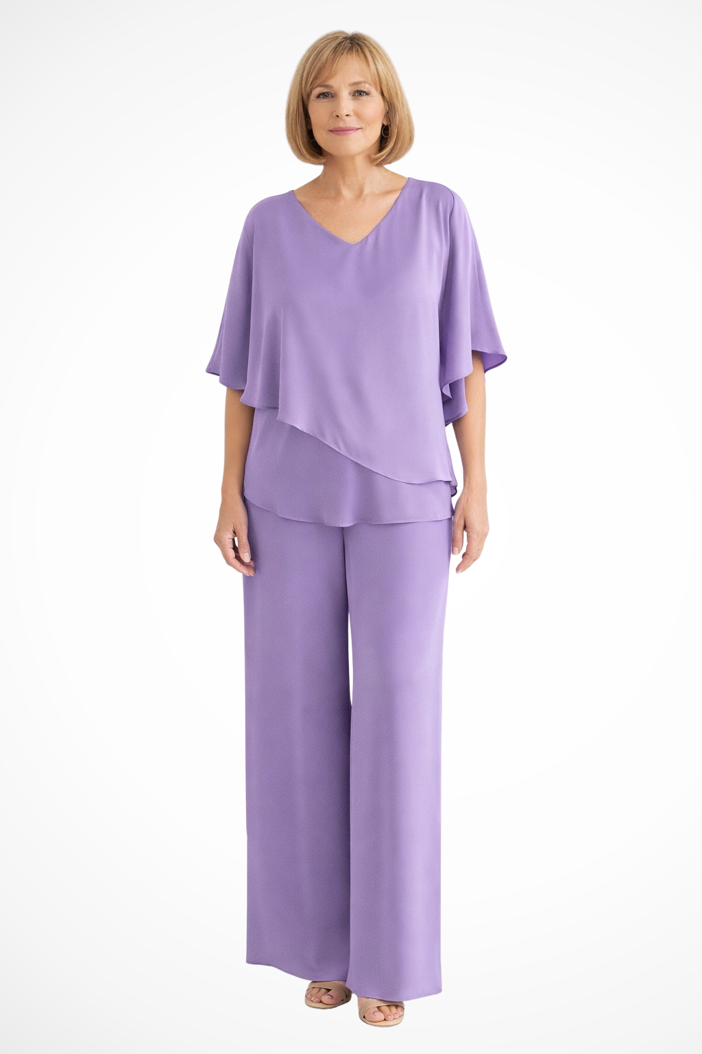 Red rose women's two-piece set, featuring an elegant V-neck batwing sleeve top and wide leg pants.