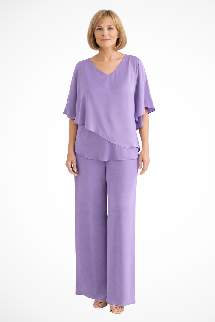 Red rose women's two-piece set, featuring an elegant V-neck batwing sleeve top and wide leg pants.
