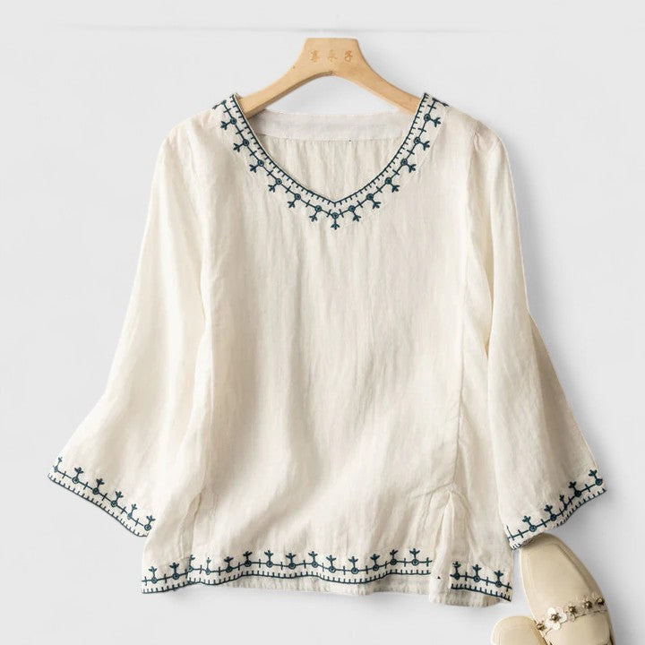 Stylish women's flowy v-neck blouse, relaxed fit, ideal for elegant spring or fall fashion. Long sleeve top.