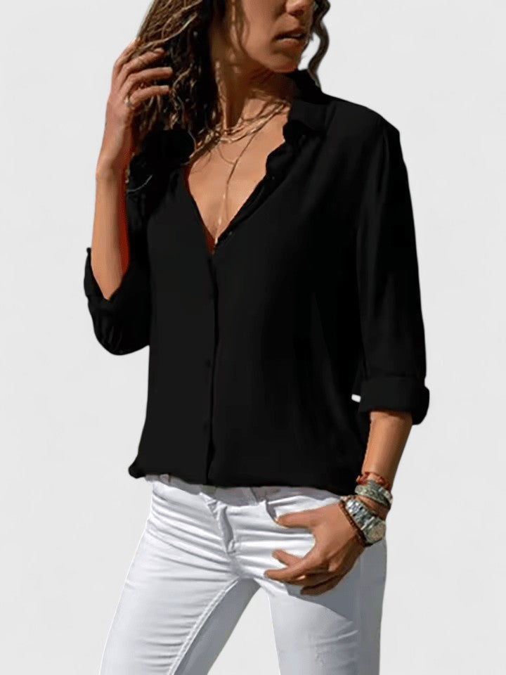 Elegant V-neck long-sleeve blouse for women, designed for versatile styling from office to casual.