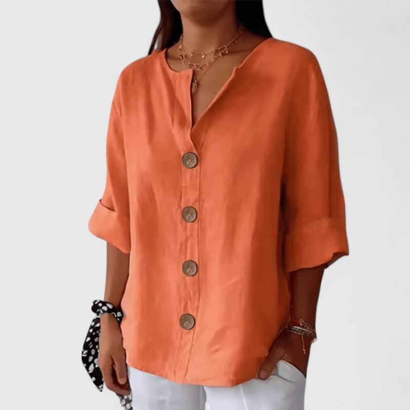 Women's elegant V-neck button-down blouse, long sleeve top for casual, office, and summer fashion.