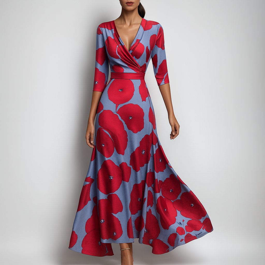 Elegant women's V-neck empire waist maxi dress. Flowy long summer dress, perfect for parties or casual wear.