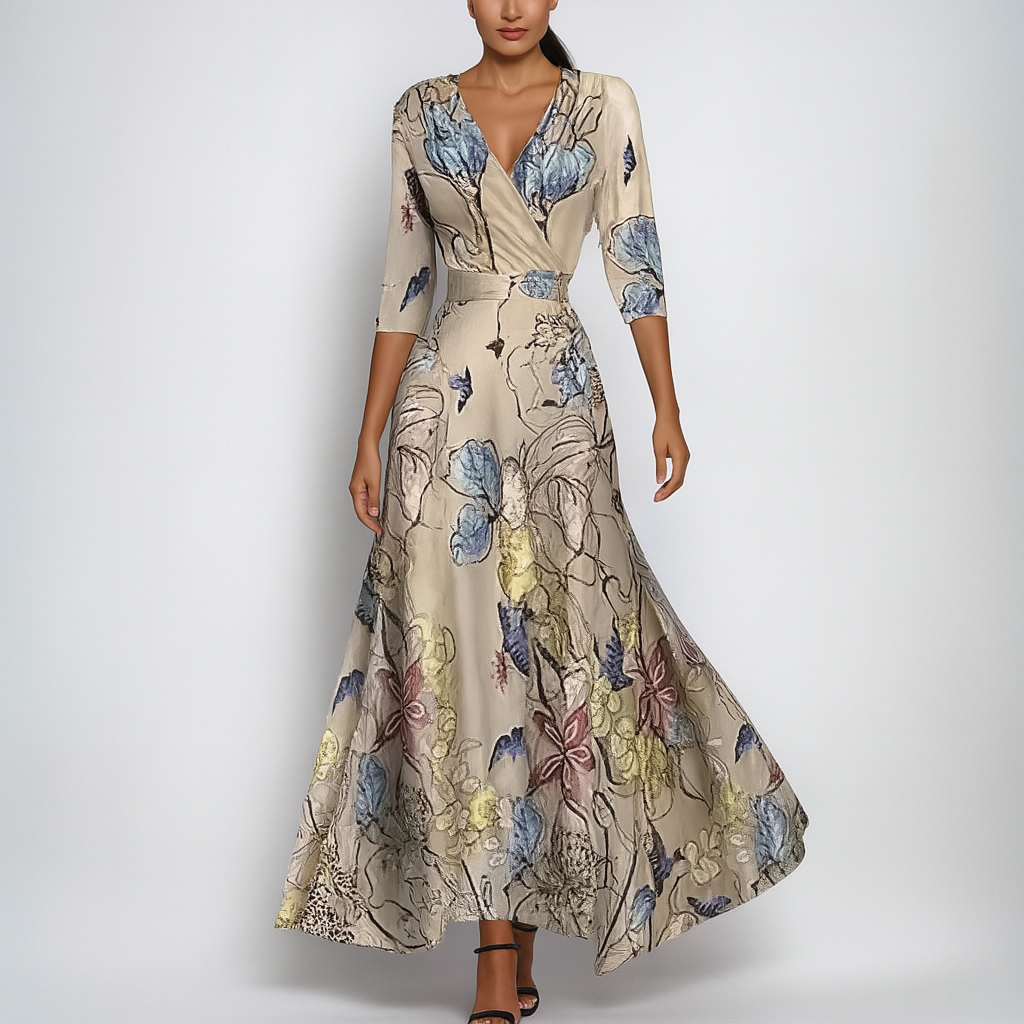 Stylish V-neck empire waist long maxi dress for women. Elegant & flowy, ideal for summer parties or casual outfits.