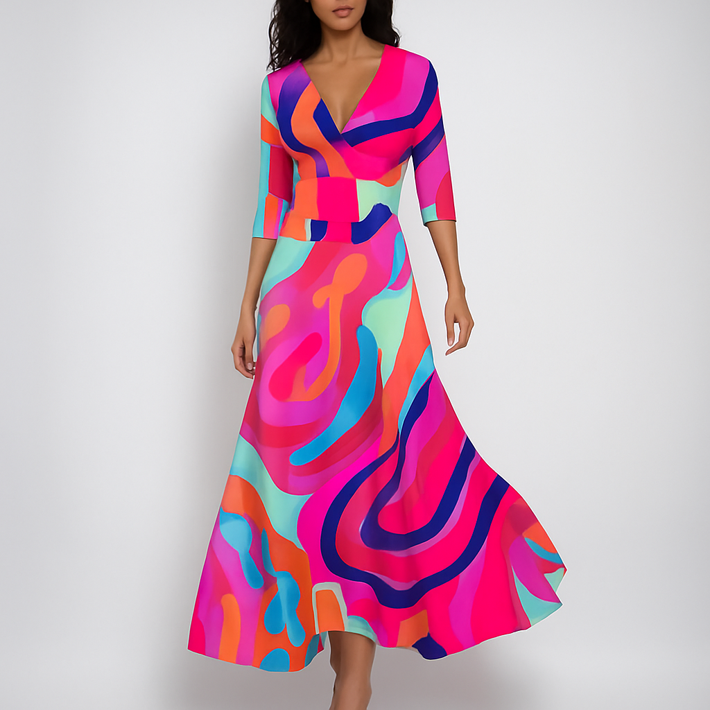 Beautiful women's red V-neck empire waist maxi dress. Elegant, flowy, and comfortable long dress for any occasion.