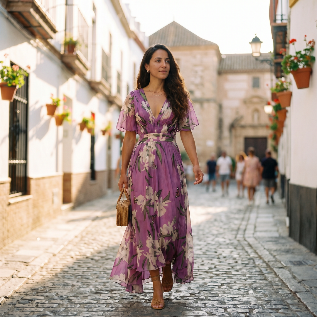 Elegant women's V-neck floral maxi dress, perfect for spring garden parties, with a vibrant, flowing design.