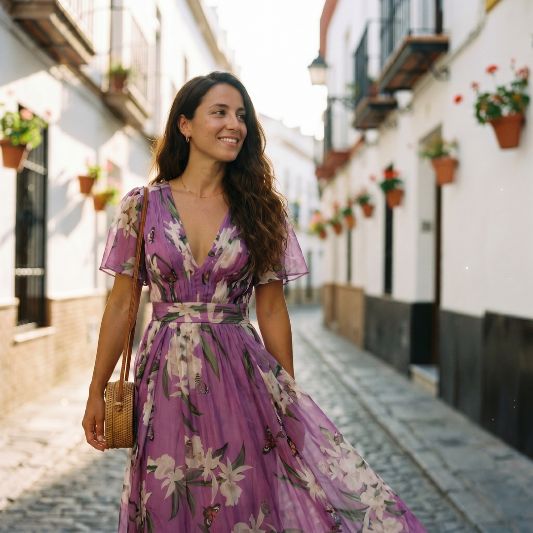 Flowing floral maxi dress for women, featuring an elegant V-neck and vibrant print, ideal for feminine occasion wear.